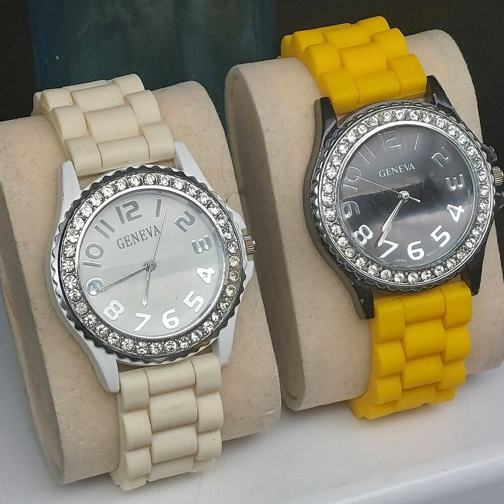 Geneva Women's Pair of Silicone Band Analog Quartz Rhinestones Watches New Batte